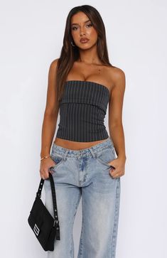 Got To Be Real Bustier Charcoal | White Fox Boutique US College Bar Outfit, Bar Clothes, Pinstripe Fabric, Outfit Inso, Bar Outfit, Cute Outfits With Jeans, Outfit Inspo Casual, White Fox Boutique, Got To Be