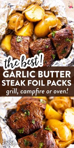 foil packet steak and potatoes with text overlay that reads foil packet steak and potatoes