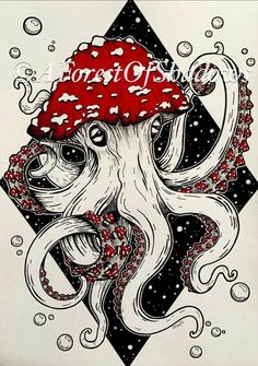 an octopus with a red hat on it's head and some bubbles in the water