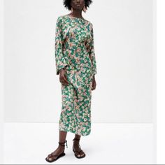 Genuine Zara New With Tag Material: Color: Green, Pink, Red Lovely Floral Print Midi Dress. Loose Long Sleeves. Flattering Straight Neckline With V Drop In Back. Comfortable And So Chic Silk Casual Midi Dress For Spring, Green Long Sleeve Silk Spring Dress, Green Silk Long Sleeve Midi Dress, Casual Silk Maxi Dress With Floral Print, Spring Floral Print Silk Dress, Spring Long Sleeve Silk Midi Dress, Casual Silk Dress With Floral Print, Silk Long Sleeve Midi Dress For Spring, Long Sleeve Silk Midi Dress For Spring