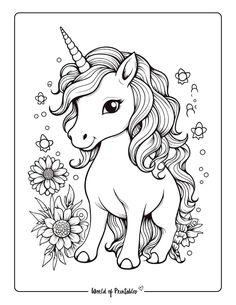 a unicorn with flowers and butterflies on it's head is shown in black and white