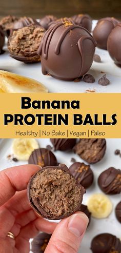 a hand holding a chocolate peanut butter ball with the words banana protein balls above it