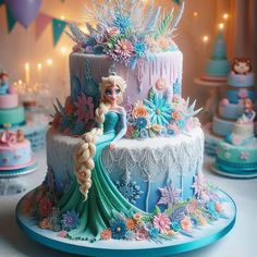 there is a cake decorated like a princess sitting on top of a table with other cakes