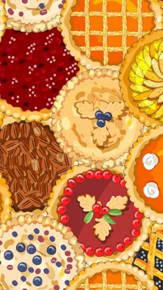 a bunch of different types of pies on a plate with berries and pecans