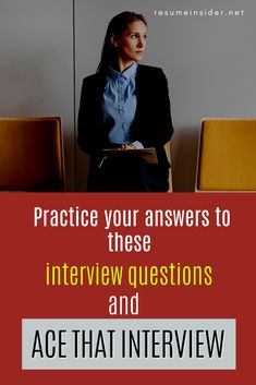 a woman sitting at a table with a book in her hand and the words practice your answers to these interview questions and ace that interview