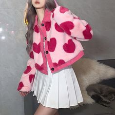 Features: Style: Fashion Occasion: Daily Sleeves: Long Sleeves Neckline: Turnover Collar Pattern: Sweetheart Design Type: Short Pink Overcoat Season: Fall/Spring/Winter Size Bust Length Shoulder Length Unit cm inch cm inch cm inch S 102 35 44 28 48 19 M 106 36 45 30 49.5 19 L 110 38 46 31 51 20 Korean Fashion Fall, Fluffy Cardigan, Heart Cardigan, Plush Coat, Vintage Crop Tops, Estilo Preppy, Heart Sweater, Cardigan Shirt, Style Cardigan