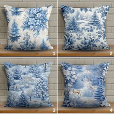 four different views of a blue and white pillow on a wooden shelf with instructions for how to sew