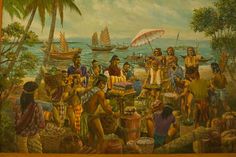 an oil painting of people and boats on the water with palm trees in the background