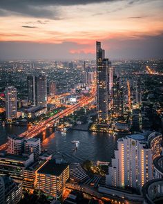 an aerial view of the city at night