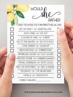 someone is holding up a printable lemon themed wedding check - in sheet with the words, would she rather get the choice?