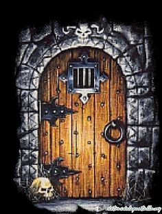 an image of a wooden door with a skull on it