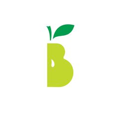 the letter b has a green leaf on it's tip and is next to an apple