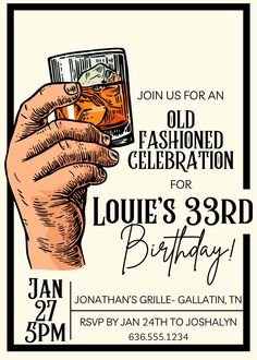 Cheers to a birthday bash that's as smooth as a fine whiskey! Introducing our Editable Old Fashioned Whiskey Birthday Invitation - the perfect blend of vintage charm and modern convenience.  This digital download includes a sophisticated template featuring classic whiskey elements, offering you an easy and stylish way to customize and elevate your birthday party invites. 📅🖋️ 🪅 What's Included 🪅 🥃 Vintage Whiskey Design 📅 Editable Date and Details 🖋️ Customizable Text Fields 🎉 Instant Download 🔗 Canva Editing Guide Included 🚨 Disclaimer: Colors may vary due to monitor settings. 🚨 🌟 Easy and Stylish Editing: Our invitation is editable using Canva, and we've thoughtfully included a step-by-step guide to make the customization process a breeze! The Canva editing link is provided in Old Fashion Theme Party, Old Fashion Birthday Party Ideas, Old Fashioned Themed Party, Men Birthday Party Themes, Men’s Theme Birthday Party, Whiskey Birthday Party Ideas, Adult Male Birthday Party Ideas, Vintage 30th Birthday Party, Old Fashioned Birthday Party