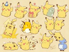 the pikachu and other pokemon characters are all drawn in different ways, including one with