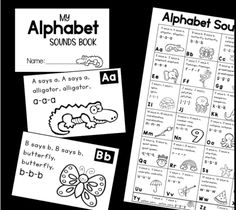 the alphabet sound book and its matching pictures are shown in black and white with text