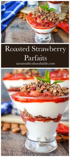 Roasted Strawberry Parfaits topped with granola and mint. Strawberry Parfaits, Make Ahead Brunch Recipes, Roasted Strawberry, Strawberry Parfait, Fresh Fruit Recipes, Easy Brunch Recipes, Special Occasion Food, Roasted Strawberries, Fruit Dessert Recipes