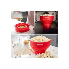 two pictures showing how to make popcorn in a red bowl with the words microwave on it