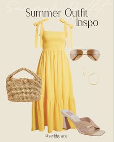 Wedding Guest Dress Yellow, Yellow Dress Accessories, Yellow Summer Dress, Slouch Bag, Beige Wedges, Beige Sandals, Outfit Wedding