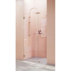 a walk in shower sitting next to a pink wall