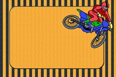 a person on a motorbike is in the air over a yellow and black striped background