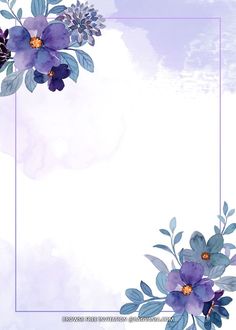 purple flowers and leaves on a watercolor background with a blue frame in the middle