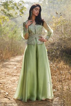 Shop for these amazing collections of Green Organza V Neck Sharya Embroidered Jacket And Sharara Set For Women by Sana Barreja online at Aza Fashions. Sharara Lehenga, Jacket Sharara, Saree Jacket, Jacket Designs, Sharara Pants, Ganapati Decoration, Kurta Patterns, Designer Outfit