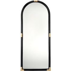 a black and gold arch mirror on a white background with the reflection of it's own