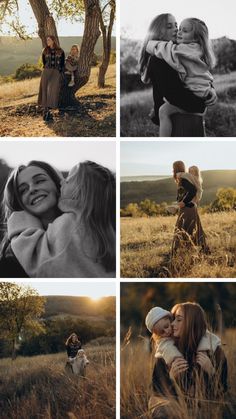 four different pictures of people in the field with trees and grass, one is holding a baby