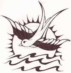 a drawing of a bird flying over water