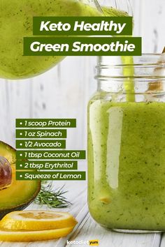 green smoothie in a mason jar with ingredients to make it healthy and superfoody