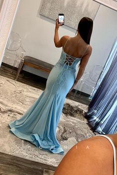 This elegant P1743 dress features a stunning rhinestone V-neck and spaghetti straps, perfect for any formal occasion. The mermaid silhouette flatters your figure, and the split adds a touch of subtle sophistication. Make a statement and stand out in this timeless piece. Blue Mermaid, Evening Formal, Long Prom Dress, Formal Evening Dresses, Bride Dress, Special Occasion Dresses, Occasion Dresses, Mother Of The Bride, Homecoming Dresses