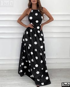 Fisdy - Maxivestido de lunares con escote halter y diseño estampado Polka Dot Decor, Women Maxi Dresses Summer, Ruched Maxi Dress, Backless Bodycon Dresses, Polka Dot Maxi Dresses, Maxi Dress Sale, Maxi Robes, Polka Dress, Women Maxi