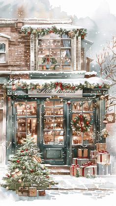 a watercolor painting of a store front with christmas decorations