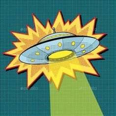 an alien ship flying through the air with its light on it's head, pop art