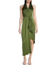 Alex Marie Hazel Surplice V-Neck Sleeveless Satin Midi Dress | Dillard's Brown Apron, Alex Marie, Midi Dress Party, Satin Midi Dress, Asymmetrical Hem, Dillard's, Petite Size, Cocktail Dress Party, Cocktail Dresses