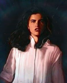 a painting of a woman with long black hair wearing a white shirt and looking at the camera