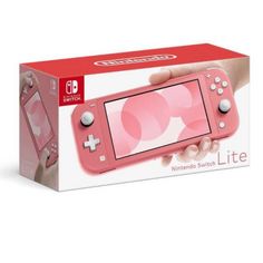 the nintendo lite is pink and has white buttons on each side, while it's in its box