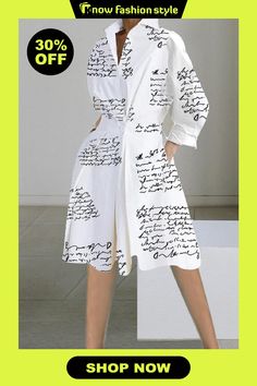 knowfashionstyle Letter Print Elegant Print Patchwork Buttons Turndown Collar A Line Dresses White Patchwork Dress For Work, Line Dresses, A Line Dresses, Loose Outfit, Turndown Collar, Fashion Gallery, Wholesale Fashion, Letter Print, Letter Prints