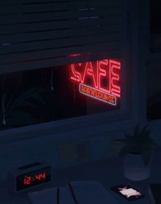 a neon sign that is on the side of a wall in a room with a window