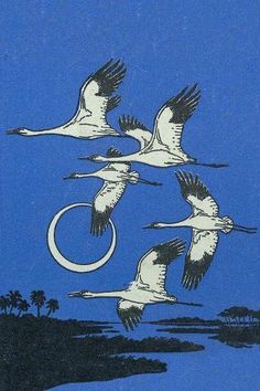 three white birds flying in the sky over water and palm trees with a crescent moon