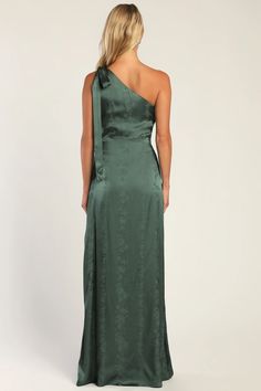 Emerald Green Maxi Dress - One-Shoulder Dress - Tie-Strap Dress - Lulus Green One-shoulder Satin Evening Dress, Elegant Satin One-shoulder Dress For Date Night, Spring Satin One Shoulder Prom Dress, Spring Formal Satin One Shoulder Dress, Elegant Fitted One Shoulder Floral Dress, Elegant Green One-shoulder Dress For Date Night, Spring One Shoulder Satin Dress For Formal Occasions, One Shoulder Satin Dress For Spring Formal, Elegant Fitted One Shoulder Dress With Floral Print