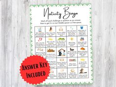 a printable nativity bingo game with the words, answer key included on it