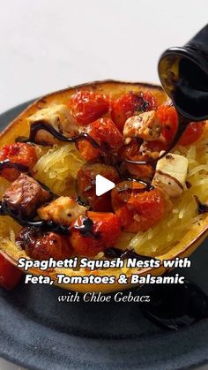 EatingWell on Instagram: "Spaghetti Squash Nests with Feta, Tomatoes & Balsamic Drizzle from @amandaeight. 

Ingredients
- 1 large spaghetti squash (about 3 pounds)
- 4 tablespoons extra-virgin olive oil
- 2 tablespoons minced garlic
- ½ teaspoon dried oregano
- ½ teaspoon grated lemon zest
- ¼ teaspoon ground pepper
- ¼ teaspoon crushed red pepper
- 3 cups cherry tomatoes
- 4 ounces feta cheese, cut into ½-inch cubes
- ⅛ teaspoon salt
- 2 tablespoons balsamic glaze
- 2 tablespoons thinly sliced fresh basil

Directions
1.  Preheat oven to 425°F. Trim ends from 1 large squash; cut the squash crosswise into 4 equal rounds, about 1½ inches thick. Scoop out and discard seeds. Place the squash rounds on a large rimmed baking sheet.
2. Whisk 4 tablespoons oil, 2 tablespoons garlic, ½ teaspoon ea Spaghetti Squash Nests, Trim Ends, Balsamic Drizzle, Crushed Red Pepper, Balsamic Glaze, Ground Pepper, Vegan Dinner Recipes, Fresh Basil