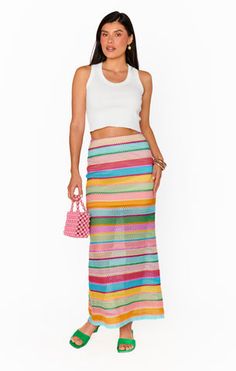 Turn up the heat on your sunny beach look with our Saturday Skirt. This rainbow crochet maxi skirt makes the perfect coverup for all your Mumu swimmies! Maternity Dress Outfits, Crochet Maxi Skirt, Boho Maternity, Crochet Size, Rainbow Outfit, Crochet Maxi, Rainbow Crochet, Sunny Beach, Swim Shop