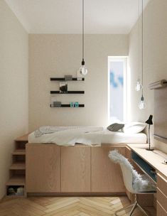 a bedroom with a bed, desk and shelves on the wall next to a window