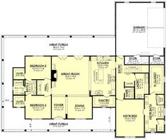 the first floor plan for a house with two master suites and an open concept kitchen