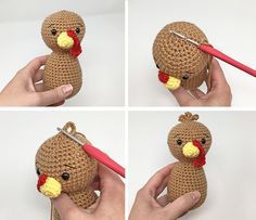 four pictures of a crocheted chicken holding a red handled carrot in it's mouth