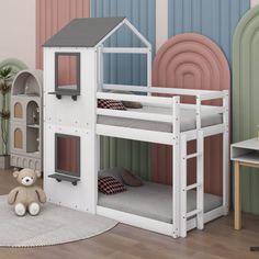 a child's room with bunk beds and toys on the floor, including a teddy bear