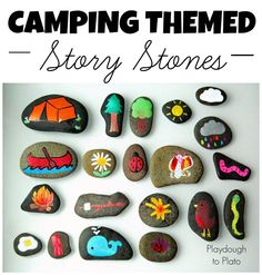 some rocks with different designs on them and the words camping themed story stones below it