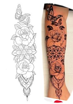 a woman's arm with roses and butterflies on it, next to an image of the